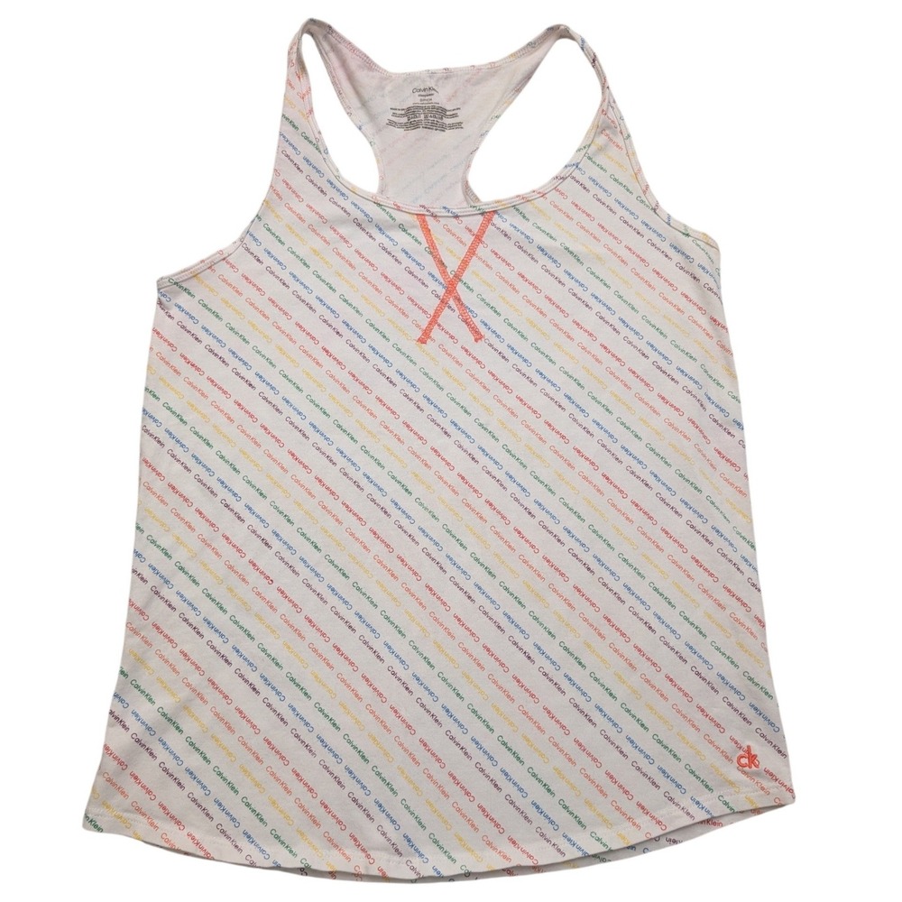 Calvin Klein‎ Tank Top Women Small White Rainbow Logo Sleepwear Racerback
